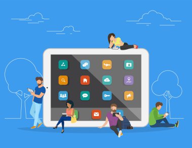 Becerikli alet açık havada tablet kullanarak grubu