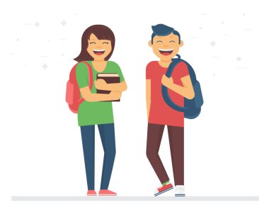 Genç öğrenciler veya okul okul çanta ve kitaplar ile gülümseyen