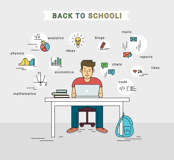 E-learning és vissza a fiatal srác használ laptop iskola illusztrációja — Stock Vector