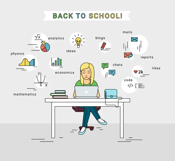 E-learning és vissza a fiatal lány használ laptop iskola illusztrációja — Stock Vector
