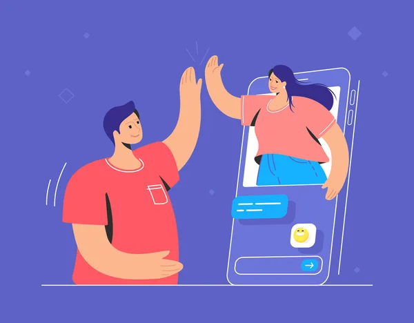 Video call percakapan atau chatting. Tangan manusia memegang smartphone dan berbicara teman - Stok Vektor