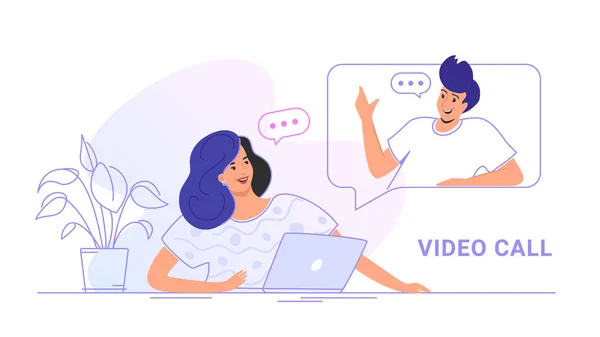 Video call percakapan atau chatting. Ilustrasi vektor konsep dari wanita yang berbicara dengan temannya melalui panggilan video Stok Vektor