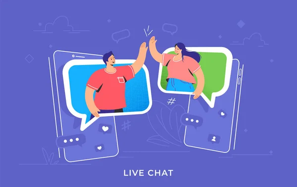 Chamada Vídeo Bate Papo Móvel Concept Vector Illustration Two Friends —  Vetores de Stock