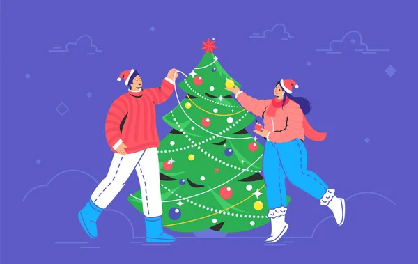 Decoración y preparación del árbol de Navidad para la fiesta de Navidad — Archivo Imágenes Vectoriales