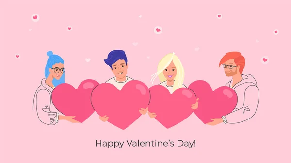 Felices adolescentes sonrientes sosteniendo símbolos del corazón como tarjeta de felicitación de San Valentín — Vector de stock