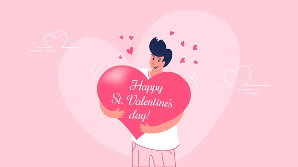 Feliz hombre sonriente abrazando el símbolo del corazón como tarjeta de felicitación de San Valentín — Vector de stock