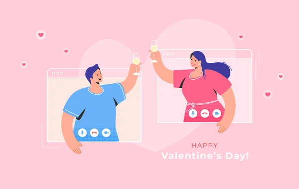 La felicitación de San Valentín a través de videollamada — Vector de stock