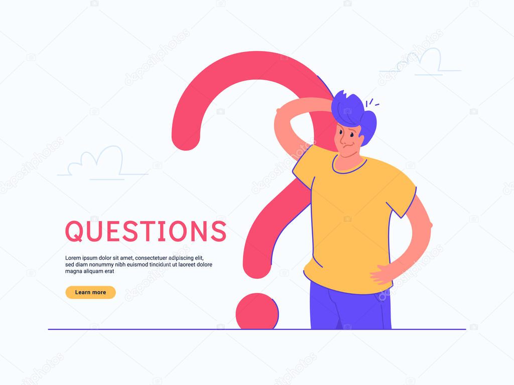 Young doubting man standing near big question symbol on white background