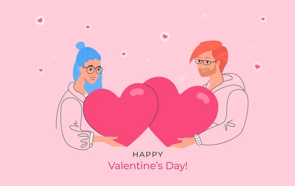 Feliz casal sorrindo segurando símbolos de coração como cartão de Valentim — Vetor de Stock