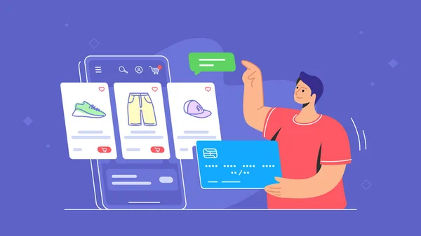 Online store e-commerce penggunaan aplikasi seluler oleh konsumen - Stok Vektor