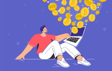 Young man sitting alone and buying or selling bitcoins on laptop clipart