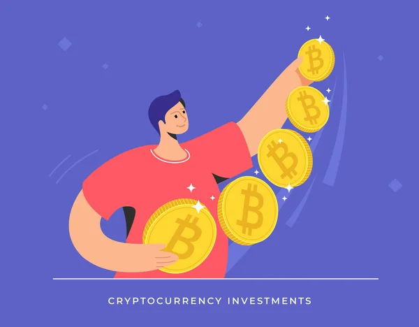 Joven caminando solo y llevando cinco bitcoins de oro — Vector de stock