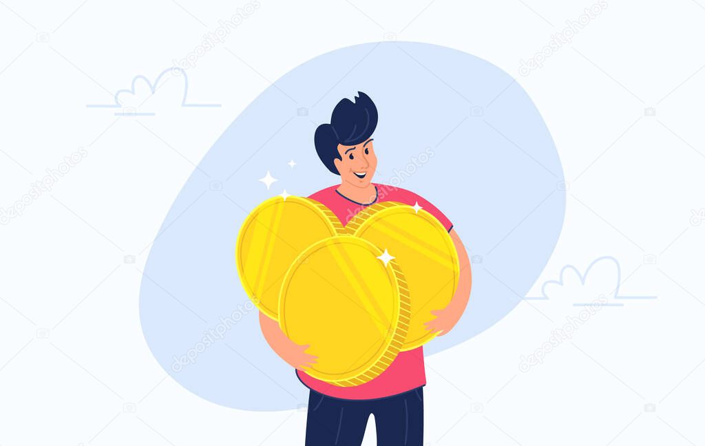 Young happy man hugging heavy three golden coins