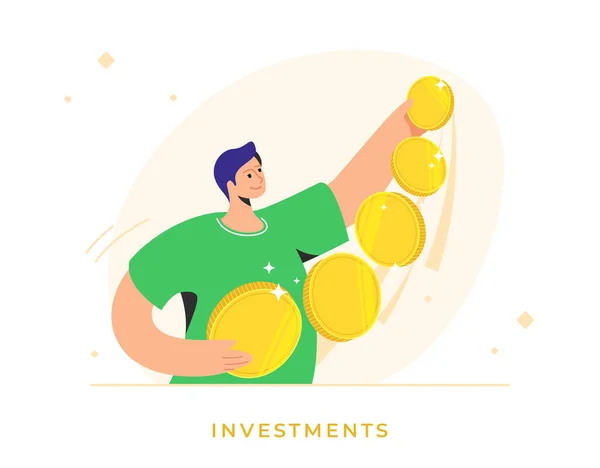 Homme heureux debout seul et tenant cinq pièces d'or en tant qu'investisseur — Image vectorielle