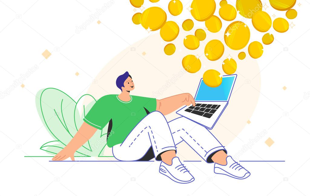 Young man sitting alone with laptop and enjoying profits as an investor