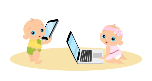Menina e menino estão jogando com laptop e tablet pc —  Vetores de Stock