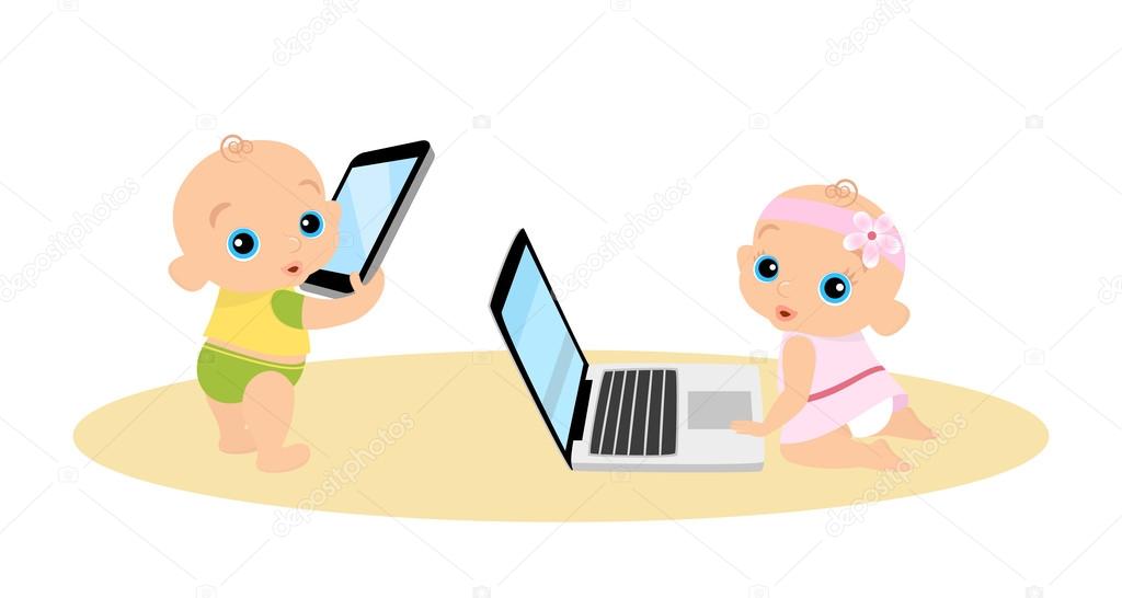 Little girl and boy are playing with laptop and tablet pc