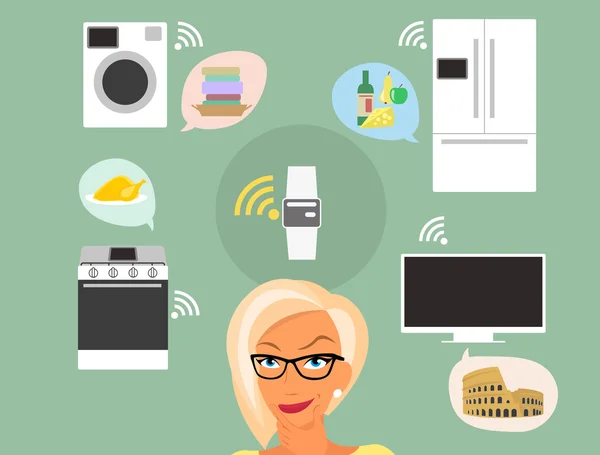 Femme blonde penser à gadgets intelligents à la maison et les applications autour d'elle — Image vectorielle