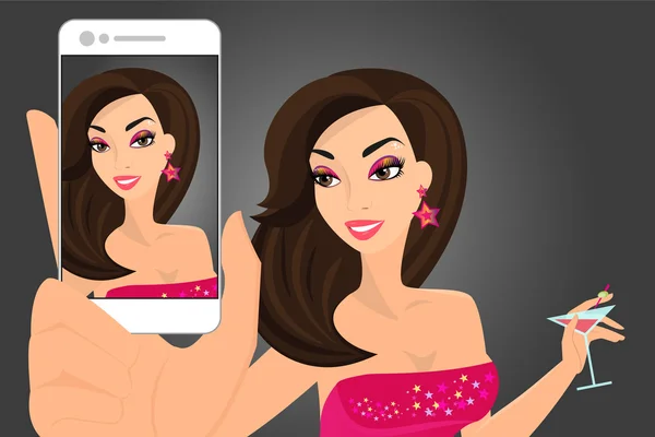 Brunette femme prendre selfie dans disco club — Image vectorielle