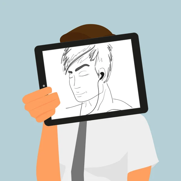 Guy tiene tablet pc visualizzazione disegno a mano — Vettoriale Stock