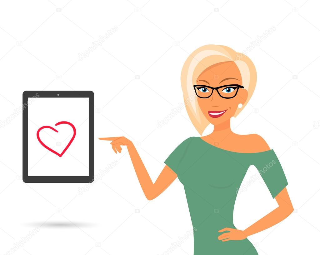 Blonde woman showing something displayed on tablet pc