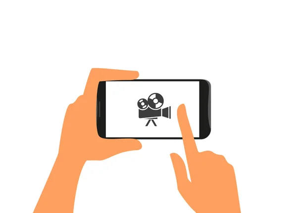 Human hand holds black smartphone with camera — Stock Vector