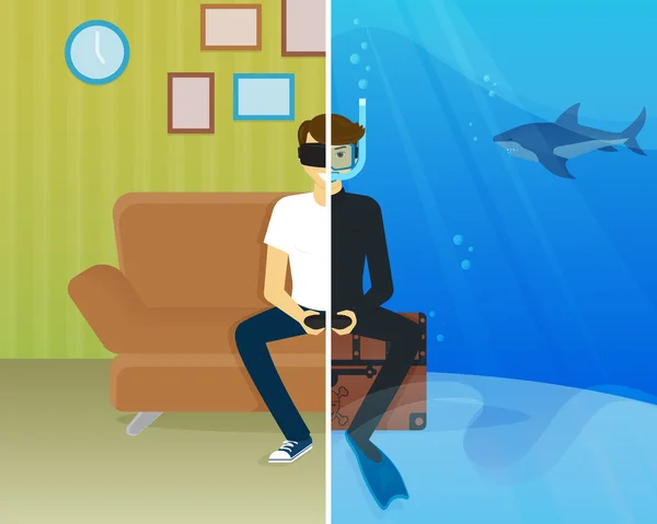 Chico feliz está haciendo buceo en realidad virtual — Archivo Imágenes Vectoriales