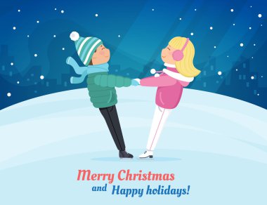 Buz pistinde paten iki sevimli çocuk. Noel kartı.