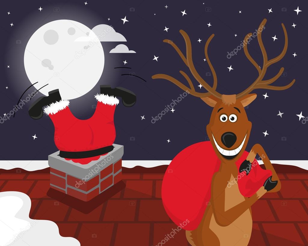 Funny reindeer with Santa on the roof