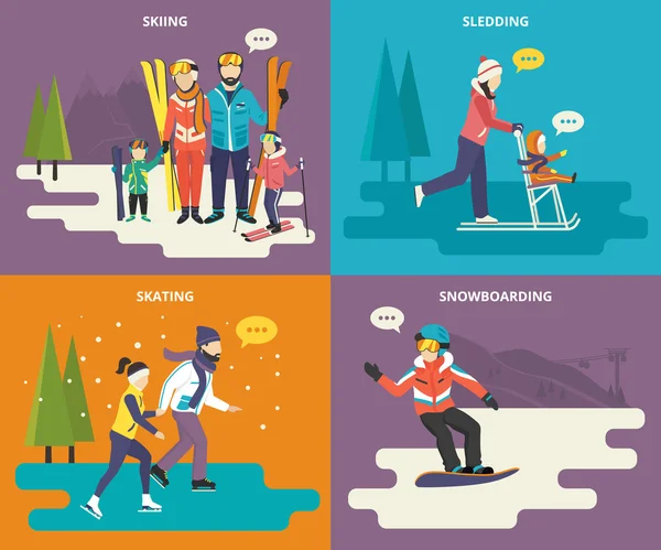Family with kids concept flat icons set of winter sport — Stock Vector