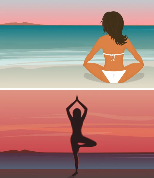 La mujer está haciendo yoga en la playa del atardecer — Archivo Imágenes Vectoriales