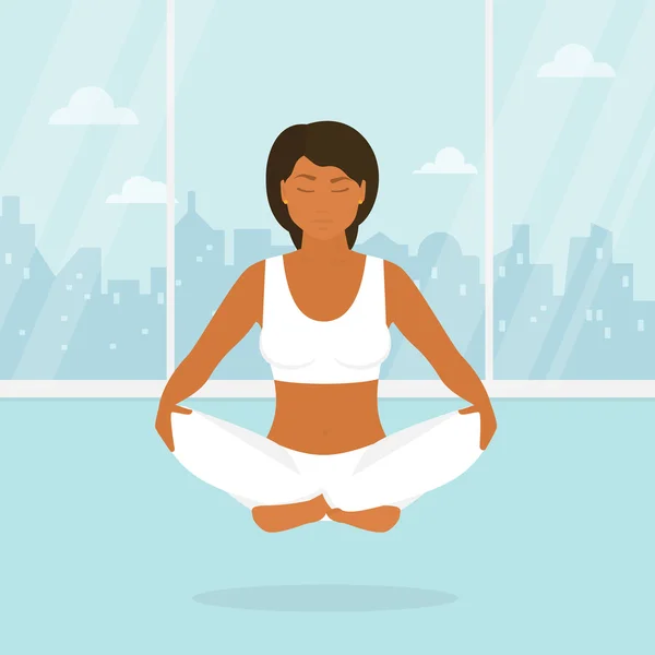 Vrouw is doen yoga en zit in de lotuspositie — Stockvector