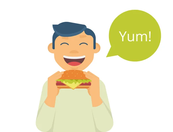 Niño feliz comiendo una hamburguesa grande — Vector de stock