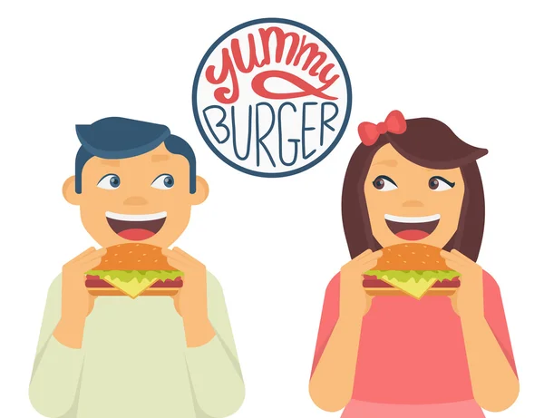 Mutlu erkek ve kız büyük bir hamburger yiyor — Stok Vektör