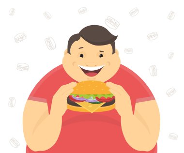 Mutlu şişman adam büyük bir hamburger yeme