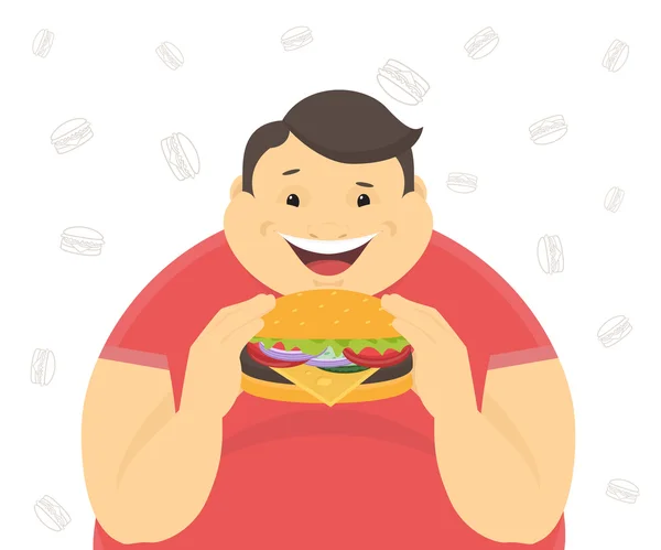 Ευτυχισμένος λίπος άνθρωπος τρώει ένα μεγάλο χάμπουργκερ — Διανυσματικό Αρχείο
