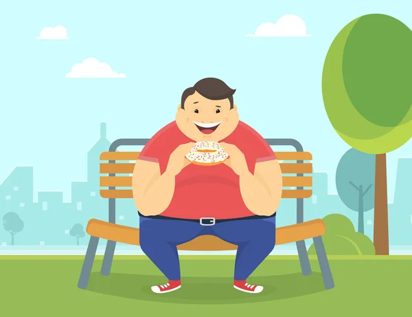 Homem gordo feliz comendo um grande donut no parque — Vetor de Stock
