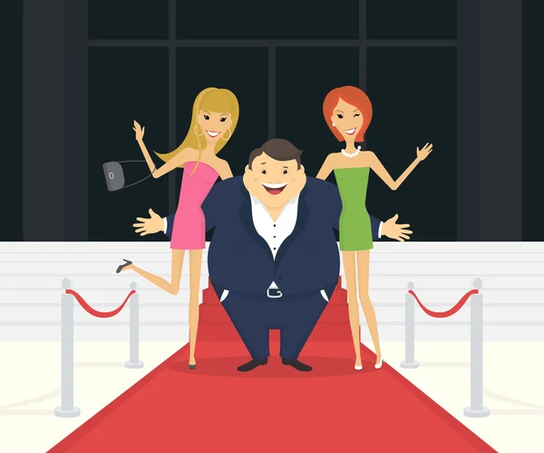 Gordo hombre famoso con sus amigas delgadas en la alfombra roja — Vector de stock