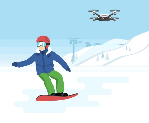 Snowboarding and remote drone with camera — Stock Vector