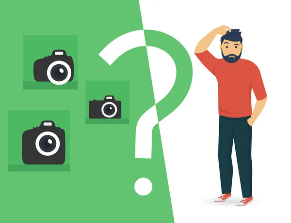 Homem confuso está escolhendo uma câmera —  Vetores de Stock