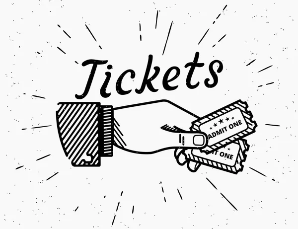 Retro grunge illustratie van menselijke hand met twee tickets — Stockvector