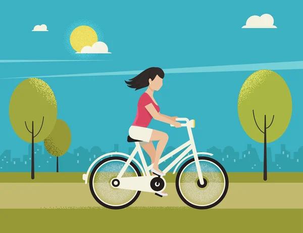 Young woman rides white bicycle — Stock Vector