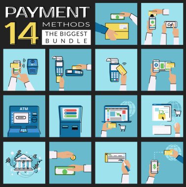 Düz kavramı vektör çizimler gibi kredi kartı, nfc, mobil uygulaması, atm, terminal, Web sitesi, banka havalesi, nakit ve fatura ödeme yöntemleri kümesi