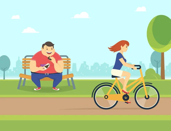 Hombre gordo feliz comiendo chocolate en el parque y mirando a la mujer bonita montando una bicicleta — Vector de stock