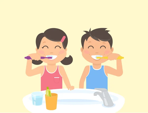 Niños felices cepillándose los dientes de pie en el baño cerca del lavabo — Archivo Imágenes Vectoriales