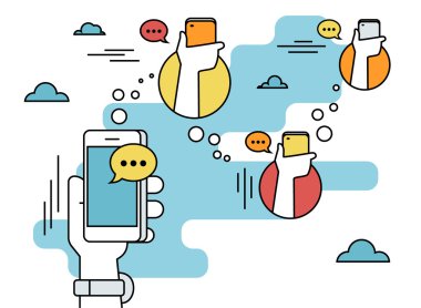 Messenger app ile arkadaş için insan eli tutun bir smartphone ve iletileri gönderme