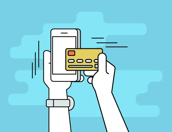 Mobile banking platte lijn contour illustratie van menselijke hand betalen met een creditcard — Stockvector