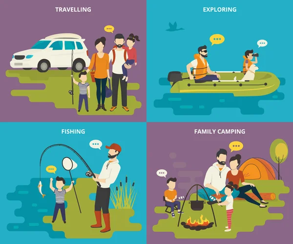Сім'я з дітьми концепція плоских іконок, набір подорожей, риболовлі та кемпінгу — стоковий вектор