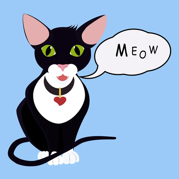 Isolé noir dessin animé yeux verts chat avec ballon de parole — Image vectorielle