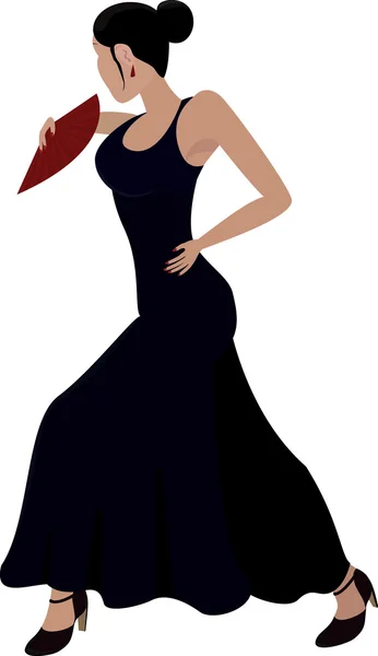 Flamenco-Tänzerin im langen Kleid mit rotem Fächer — Stockvektor